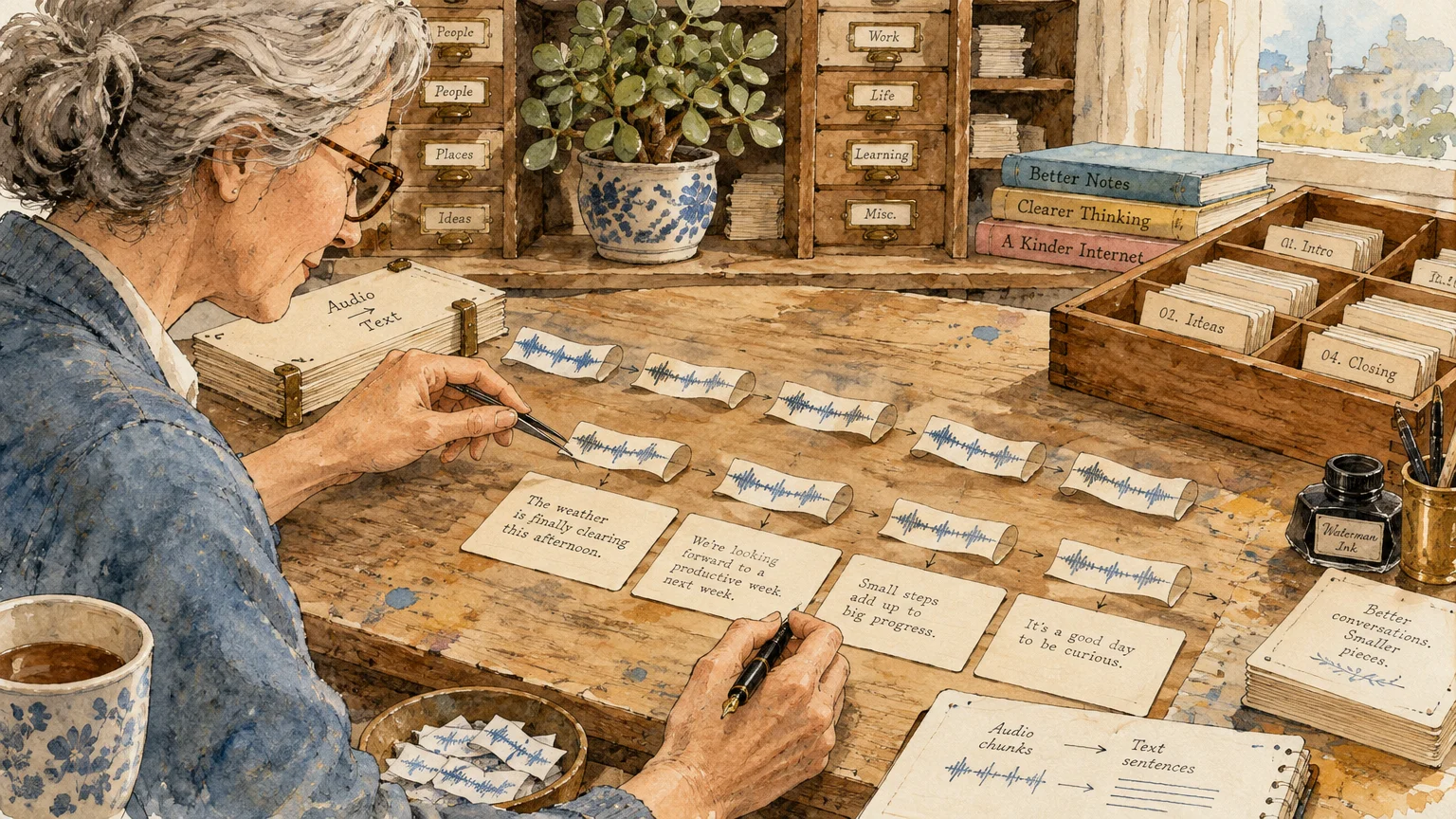 Watercolor illustration of an older woman at a wooden desk matching paper sound waves to transcribed text cards.