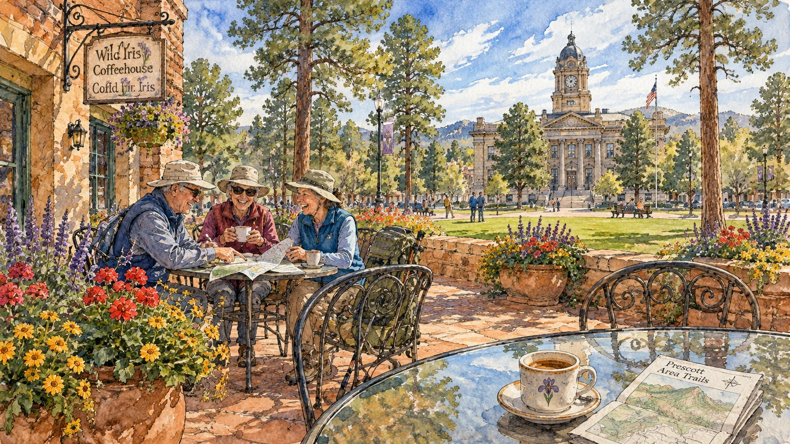 Watercolor illustration of seniors drinking coffee on a brick patio outside a cafe facing a sunny historic courthouse plaza.