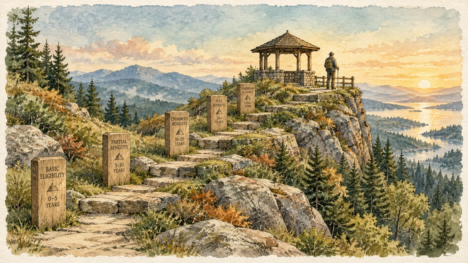Stone path with milestone markers leading to a clifftop gazebo overlooking mountains and water at sunset.