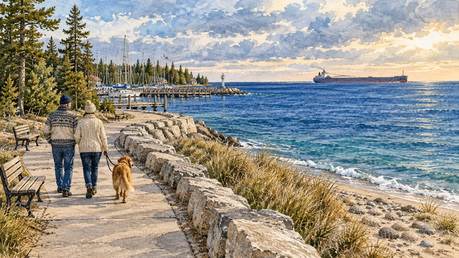 Watercolor illustration of a couple walking a dog along a stone coastal path by a marina and distant freighter.