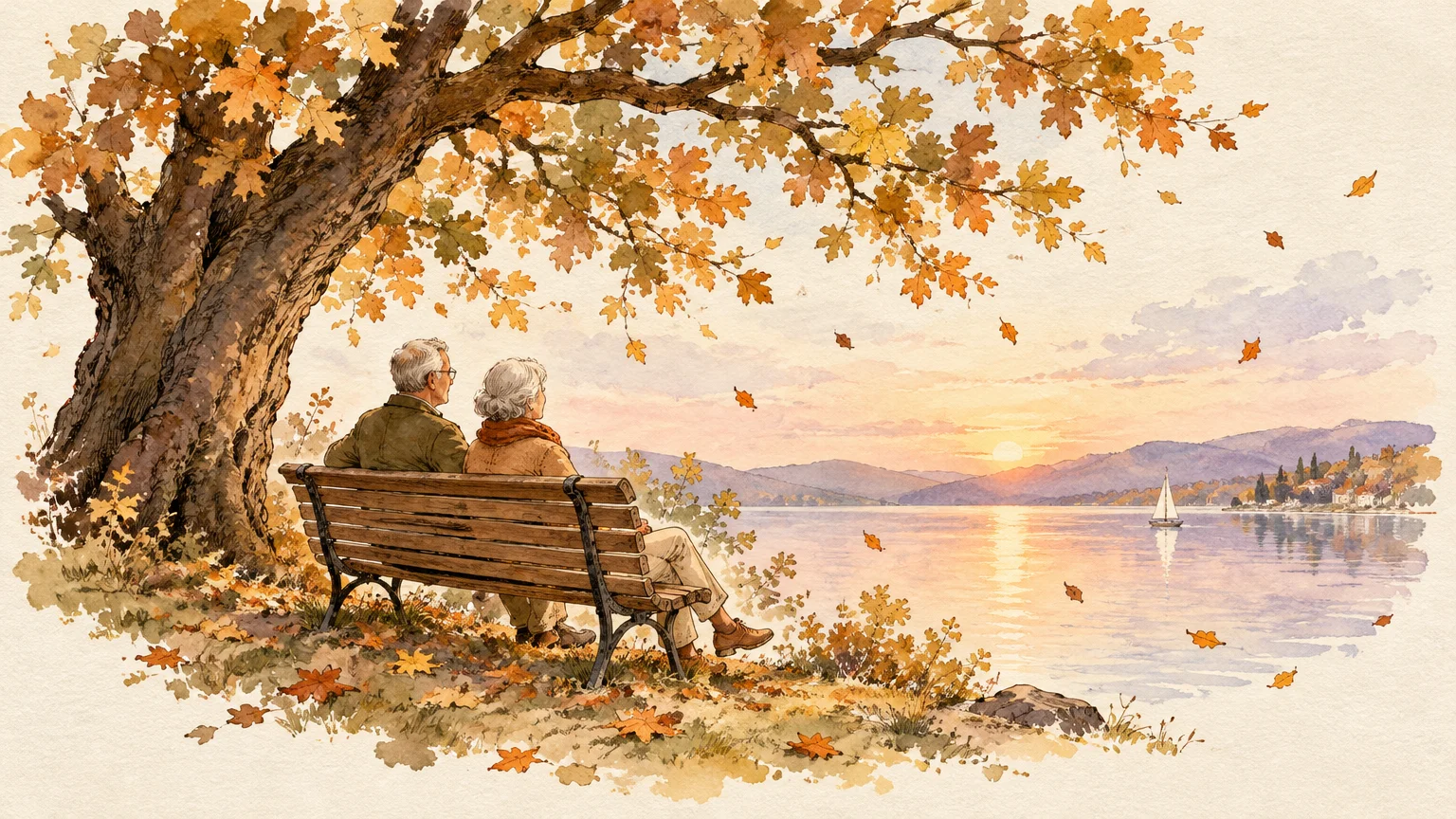 Watercolor illustration of an older couple sitting on a wooden bench beneath an autumn tree overlooking a lake at sunset.