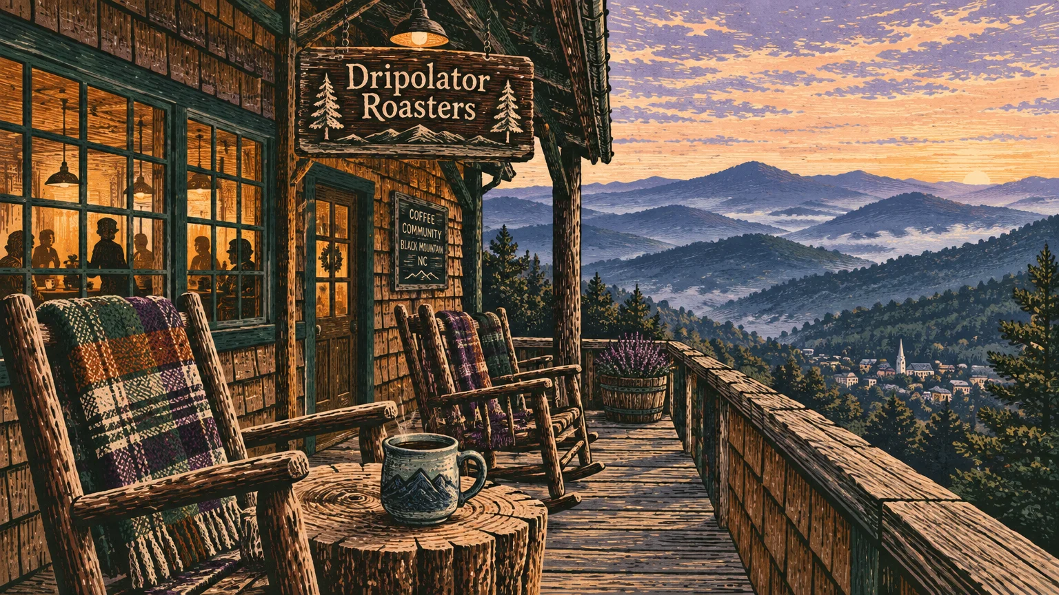 Illustration of a rustic wooden coffeehouse porch with rocking chairs overlooking misty mountain ridges at sunrise.