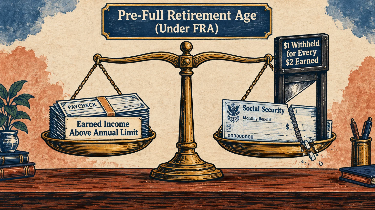 A balance scale holds paychecks on one side and a Social Security check being cut by a miniature guillotine on the other.