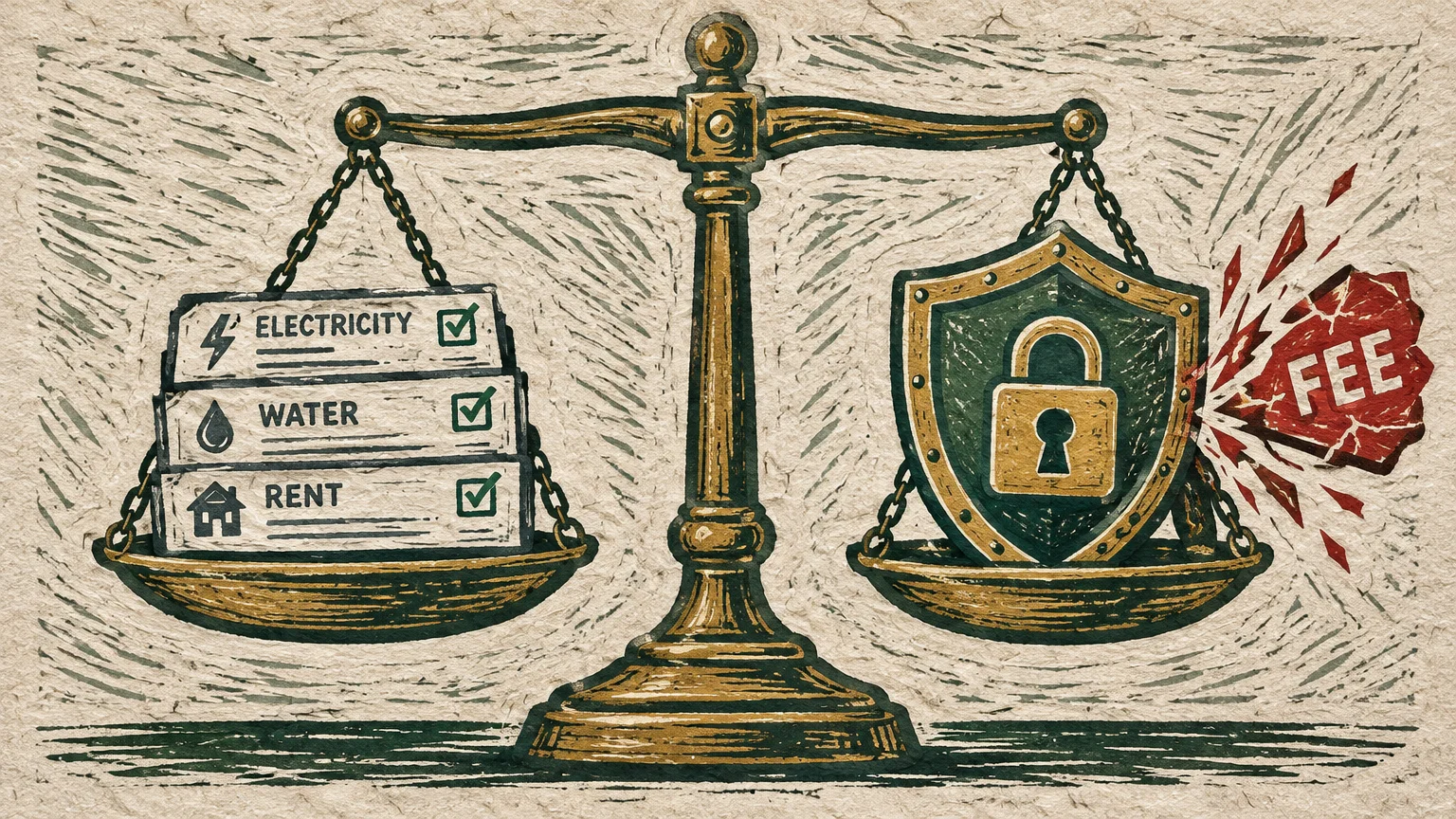 Balance scale holding household bills on one tray and a shield deflecting a shattered fee stone on the other.