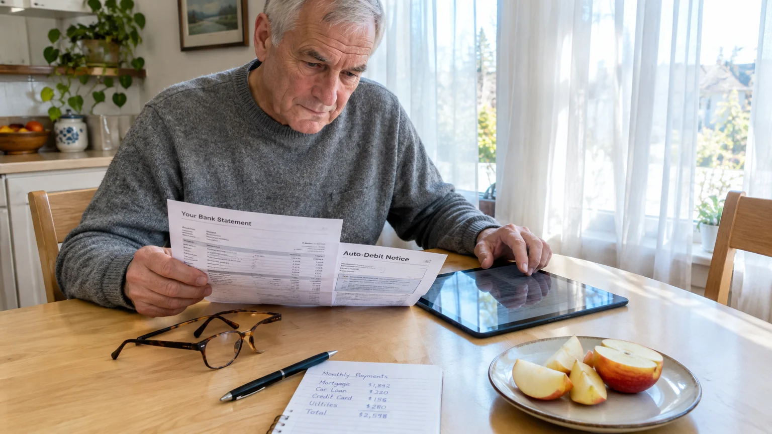 Senior man at a table reviewing a bank statement and auto-debit notice beside a tablet, notebook, and sliced apples.