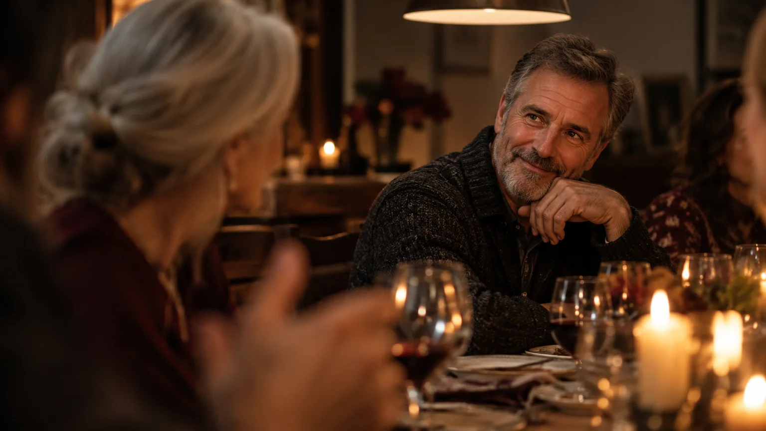 Mature man with a grey beard smiling warmly at a woman across a candlelit dinner table.