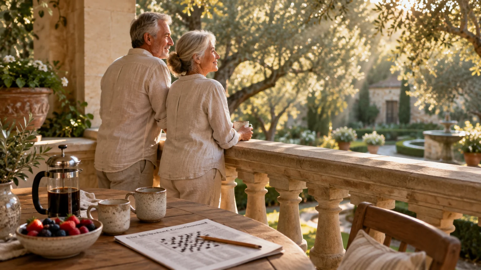 Senior couple leaning on a stone balcony overlooking sunny estate gardens, near a breakfast table with coffee and fruit.
