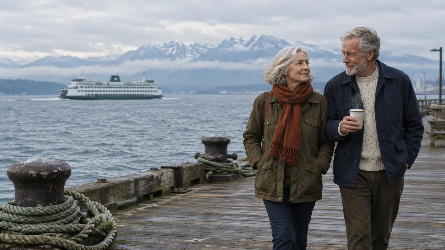 A senior couple walks along a wooden pier by the water, with a ferry and snow-capped mountains in the background.