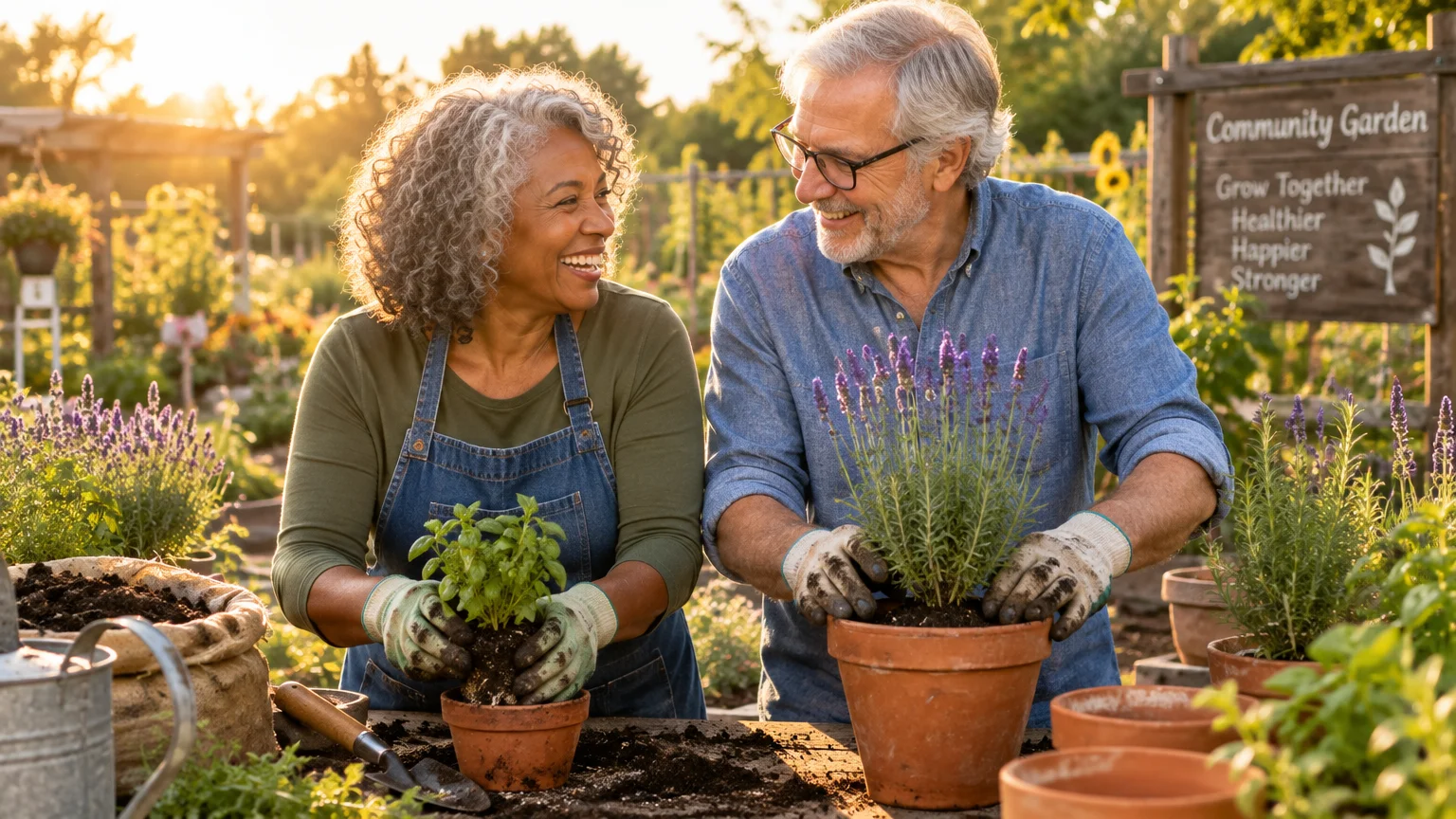A smiling senior man and woman pot lavender and basil plants together outdoors at a sunny community garden.
