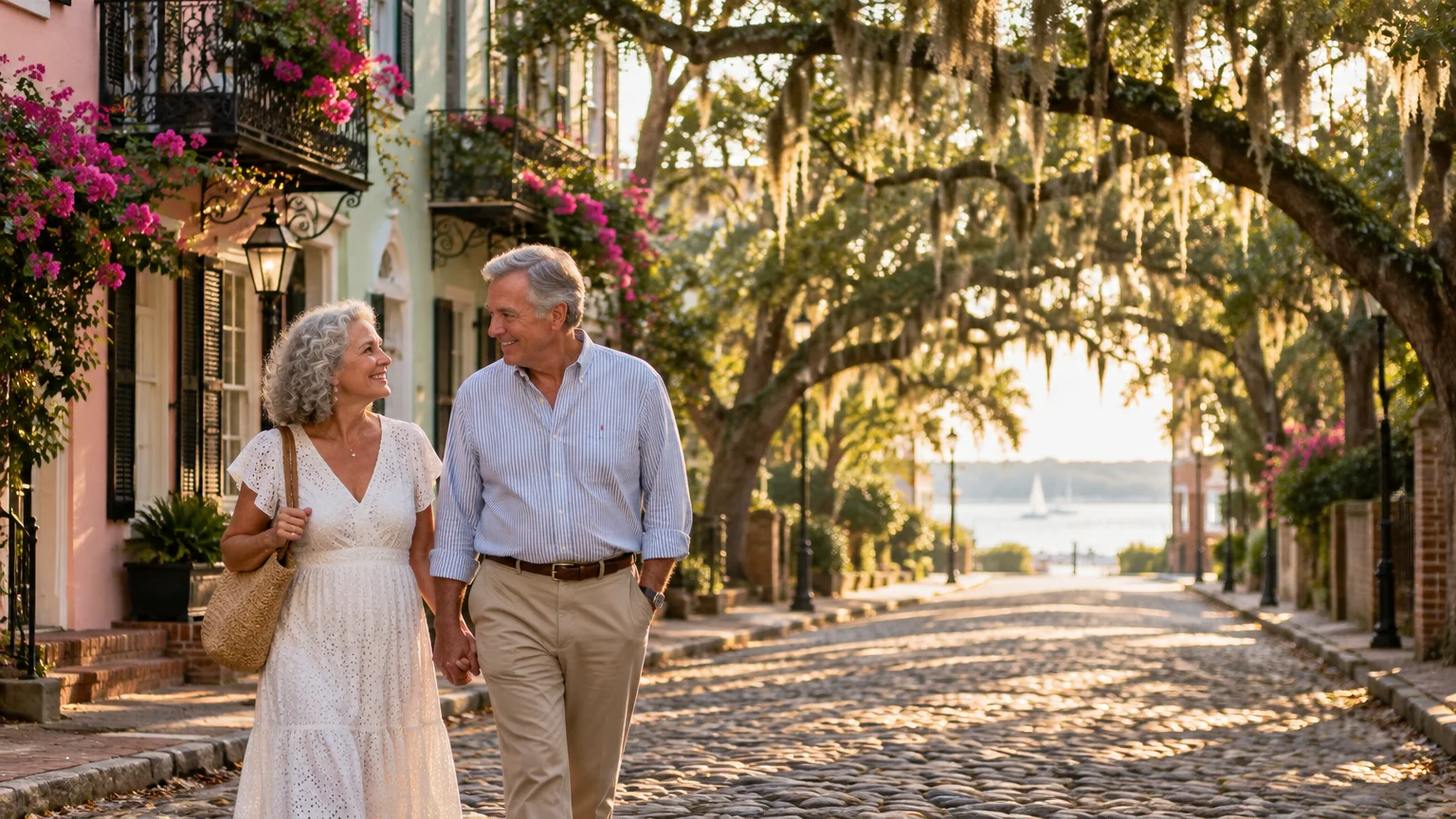 A senior man and woman hold hands while walking down a cobblestone street lined with historic houses and mossy oak trees.