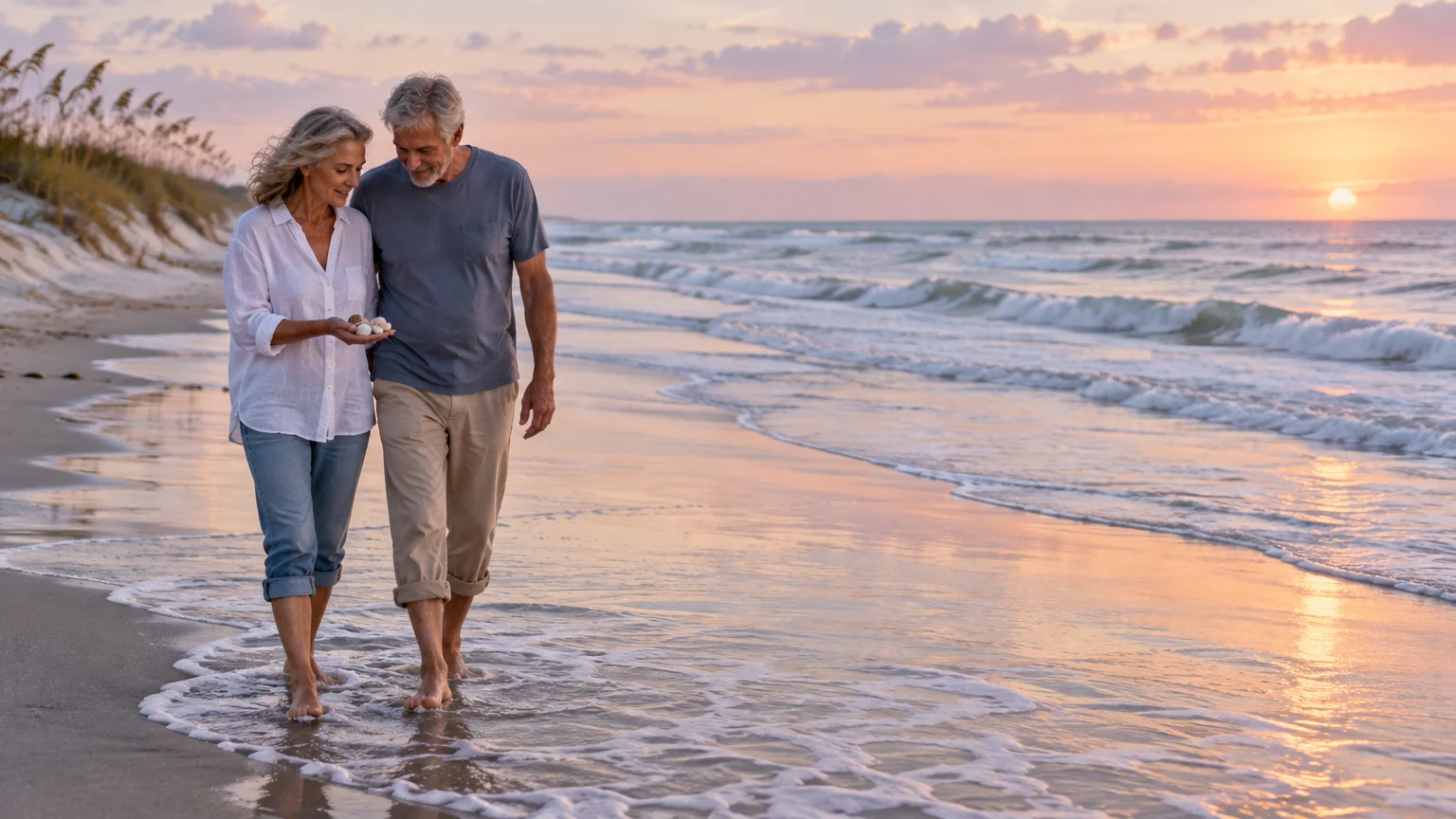 A mature couple walks barefoot along the wet sand at the water's edge of a calm beach during a warm sunset.