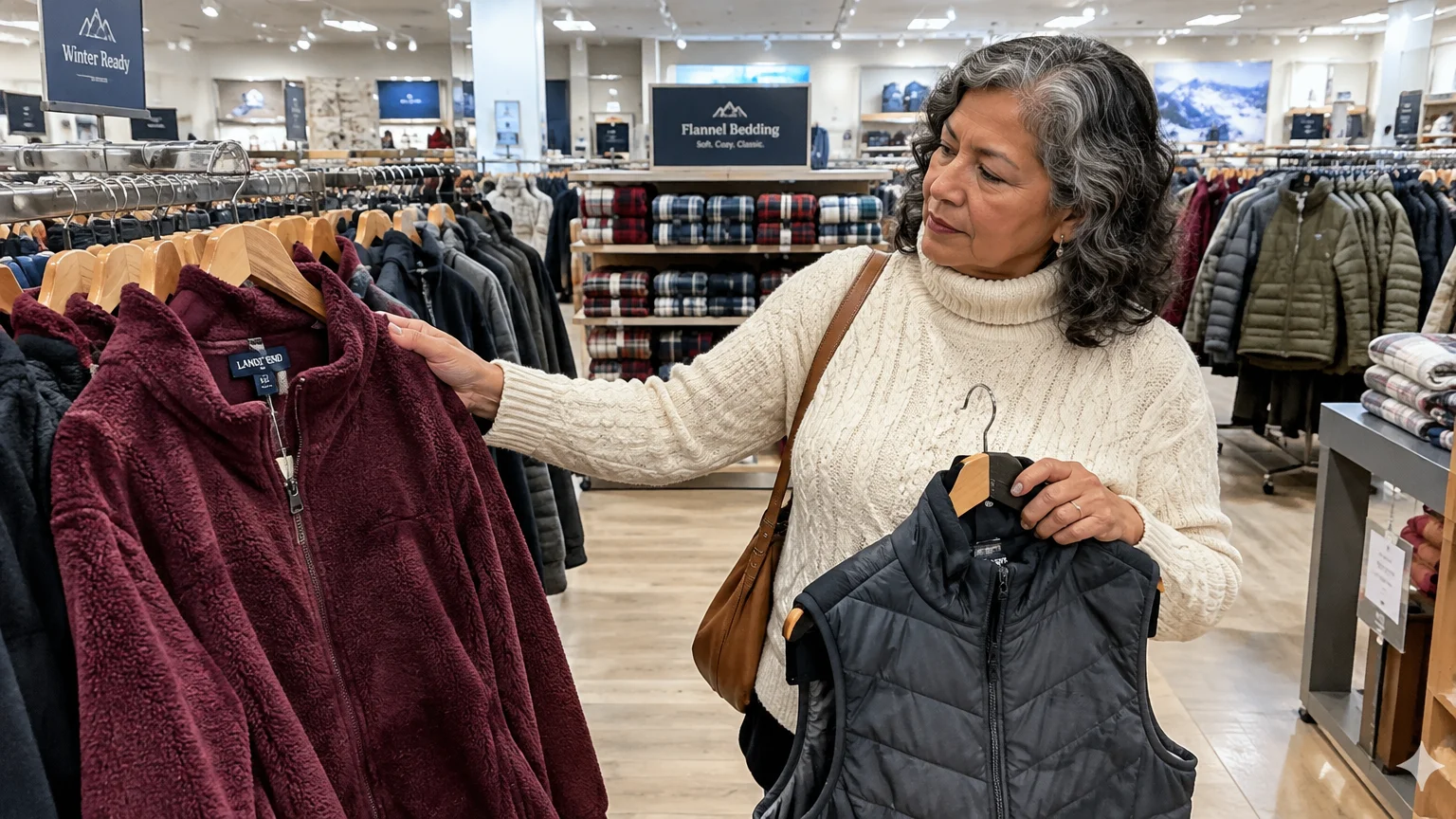 A woman in a cream sweater browses winter jackets and holds a black vest on a hanger in a department store.