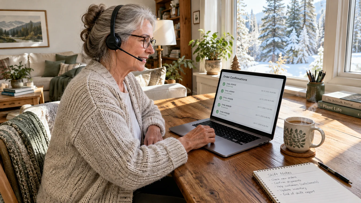 Senior woman wearing a headset and sweater works on a laptop at a wooden table beside a snowy window.