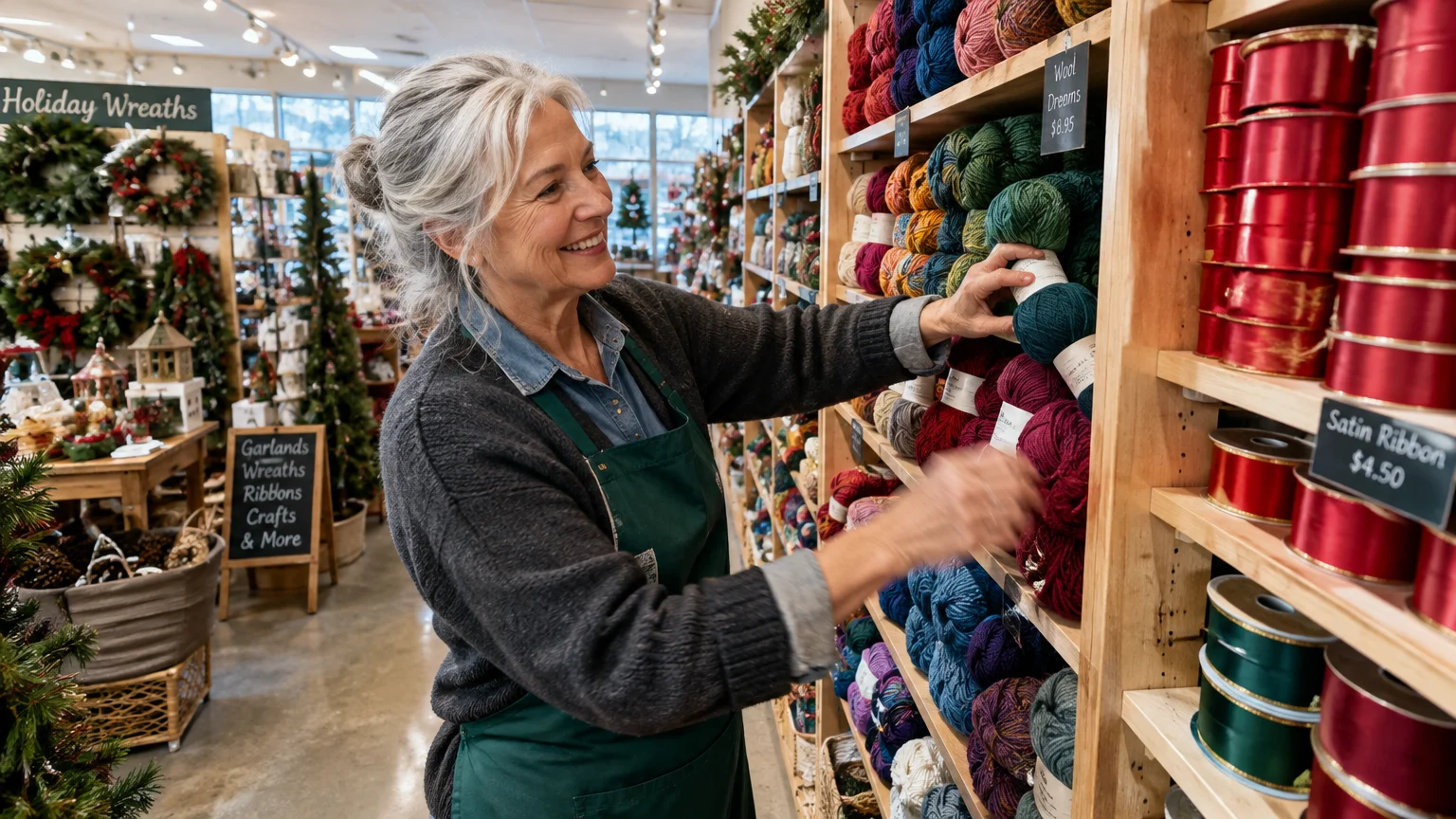Senior woman wearing an apron arranges colorful yarn on wooden shelves in a holiday craft shop.