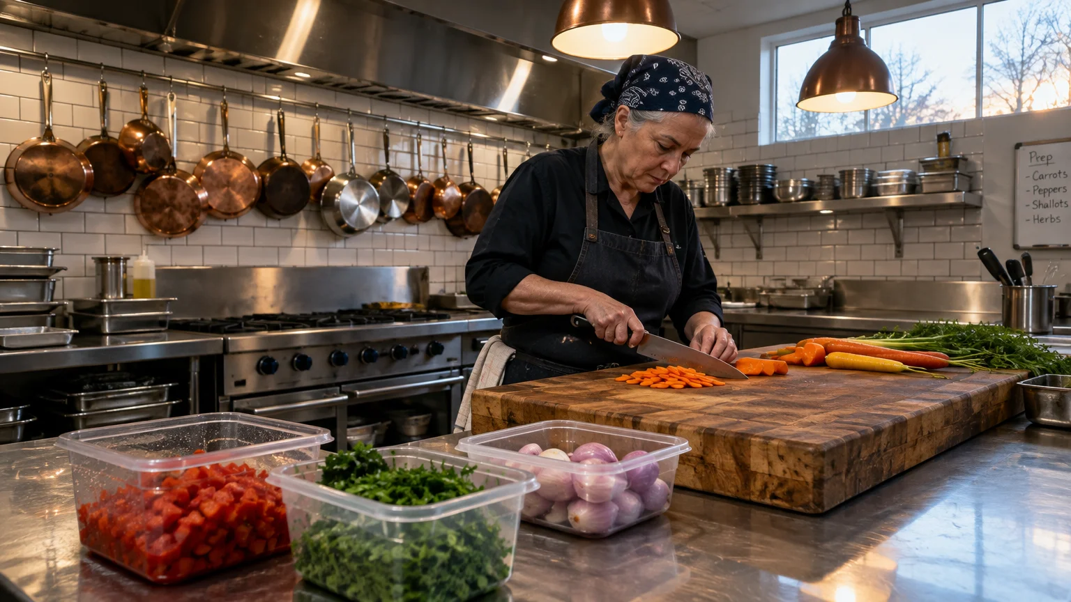 A senior woman in an apron and bandana chops carrots on a large butcher block in a commercial restaurant kitchen.