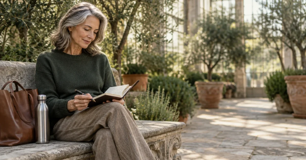Mature woman with gray hair sitting on a stone bench in a garden courtyard, writing in a notebook.