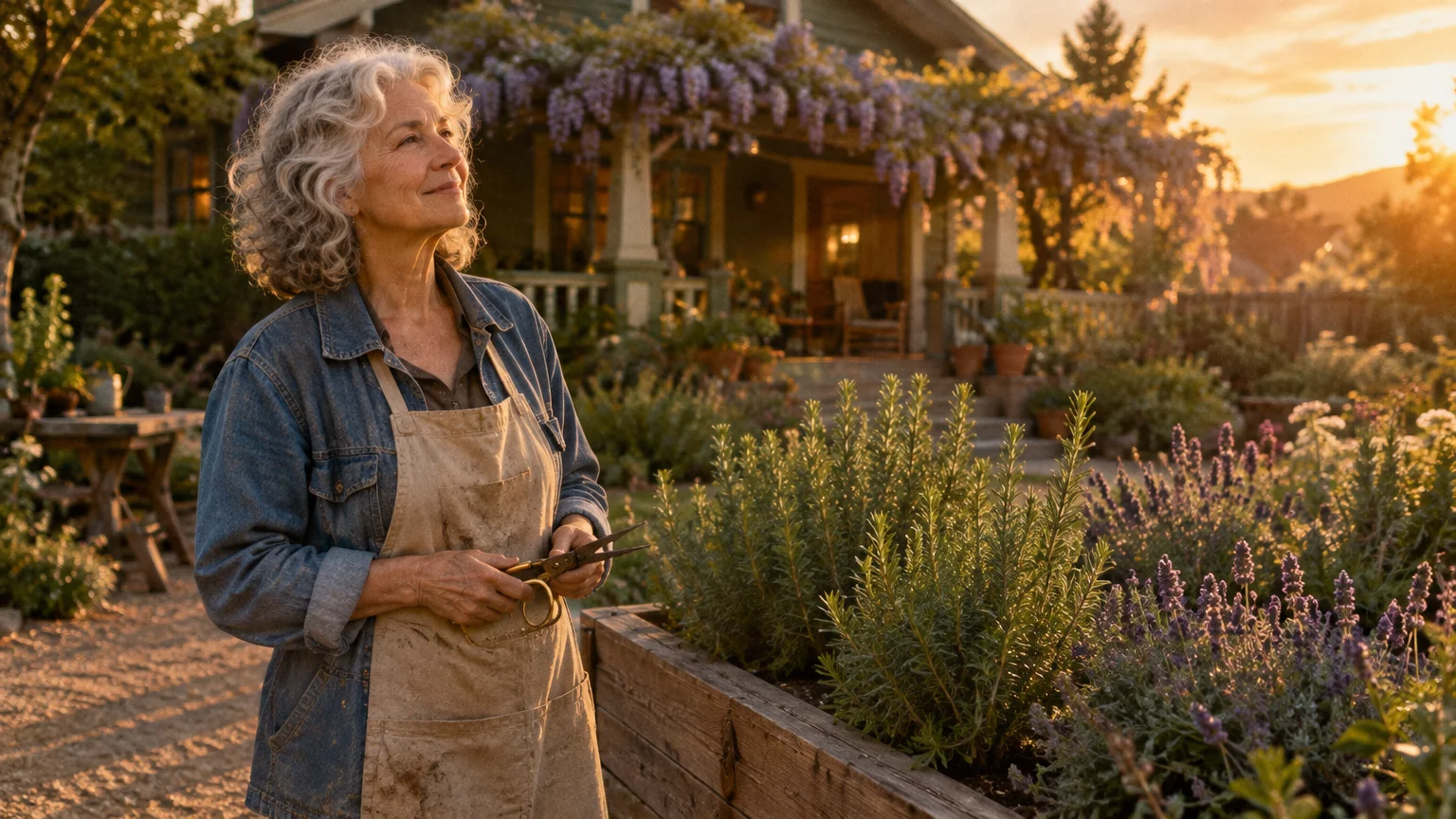 Smiling older woman holding shears in a garden of lavender and rosemary before a porch covered in wisteria at sunset.