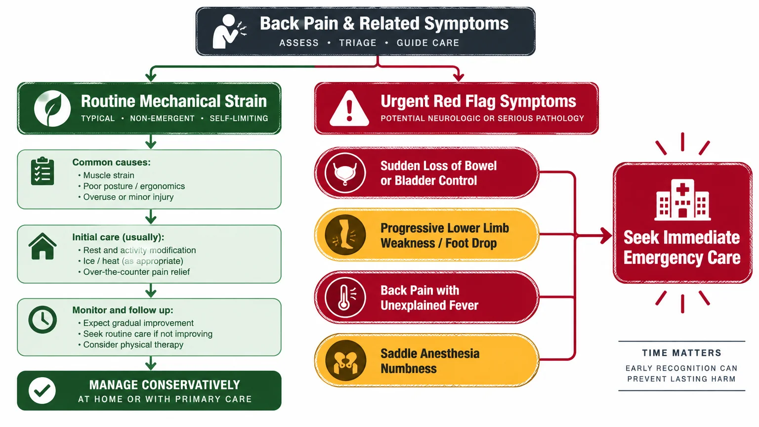 Flowchart comparing routine mechanical strain managed conservatively against urgent red flag symptoms requiring emergency care.