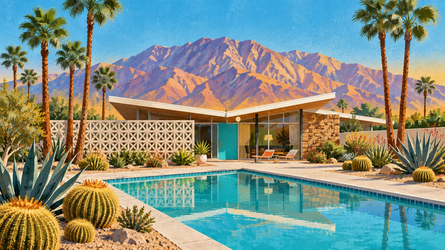 Mid-century modern home with a butterfly roof, swimming pool, palm trees, and rugged desert mountains.