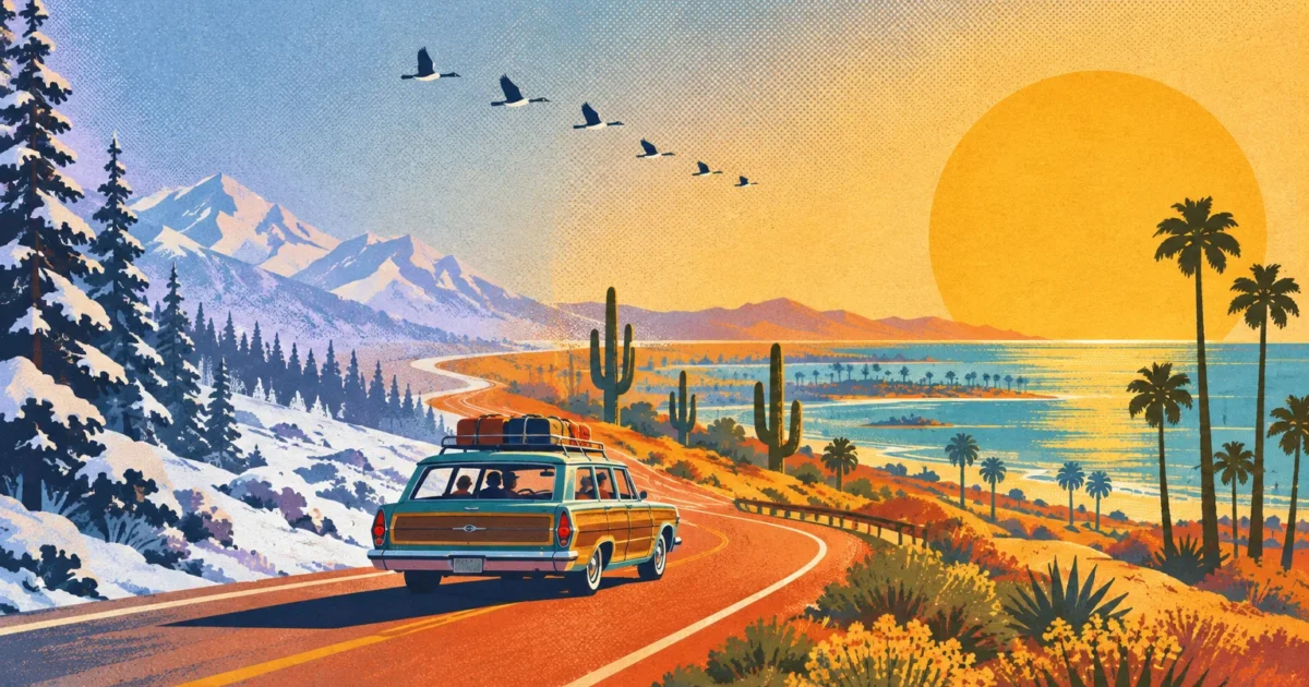 Illustration of a station wagon driving along a highway transitioning from snowy winter mountains to a sunny tropical coast.