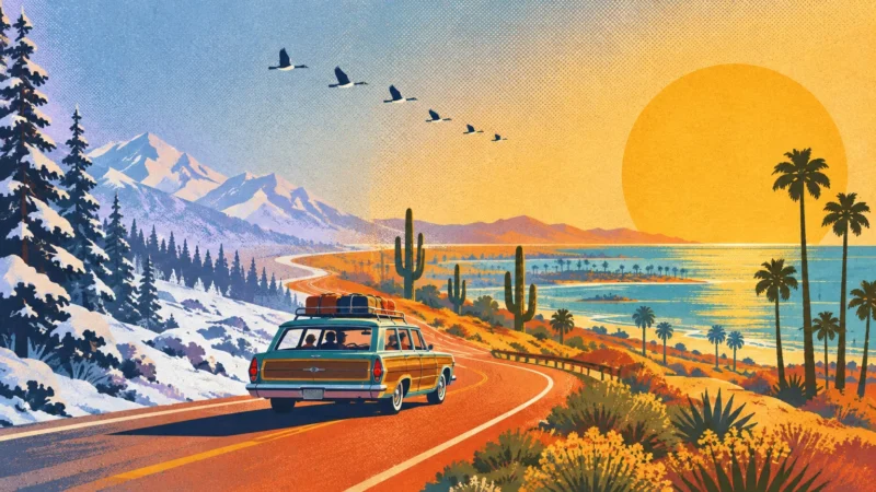 Illustration of a station wagon driving along a highway transitioning from snowy winter mountains to a sunny tropical coast.