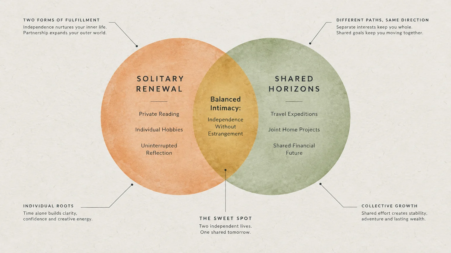 Venn diagram comparing solitary renewal and shared horizons, intersecting at balanced intimacy.