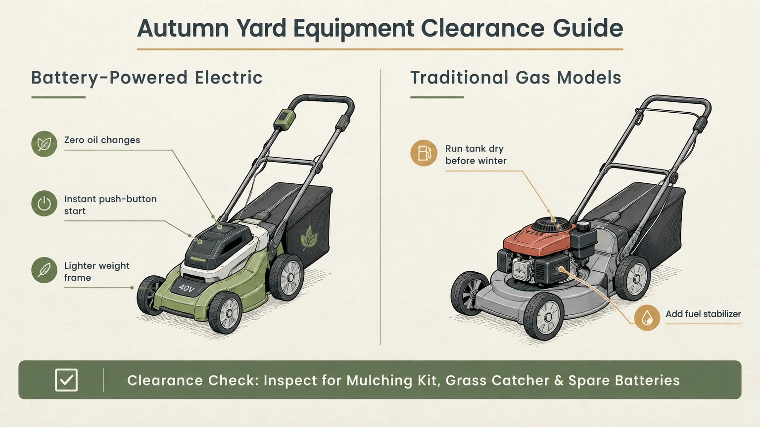 Diagram comparing features of a green battery-powered electric lawn mower and a red traditional gas model mower.