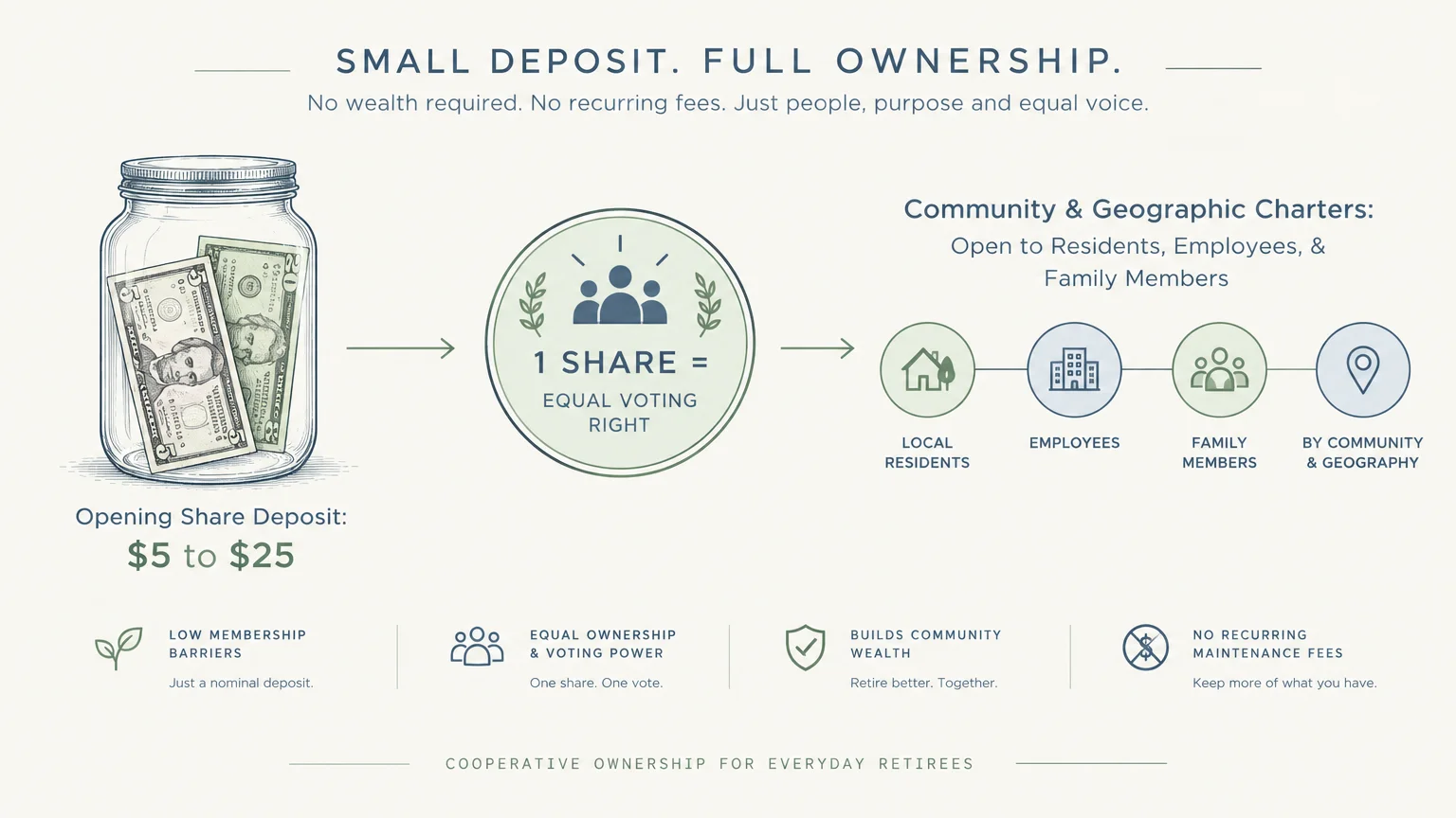 Diagram showing a money jar of five to twenty-five dollars leading to one share and equal voting rights.