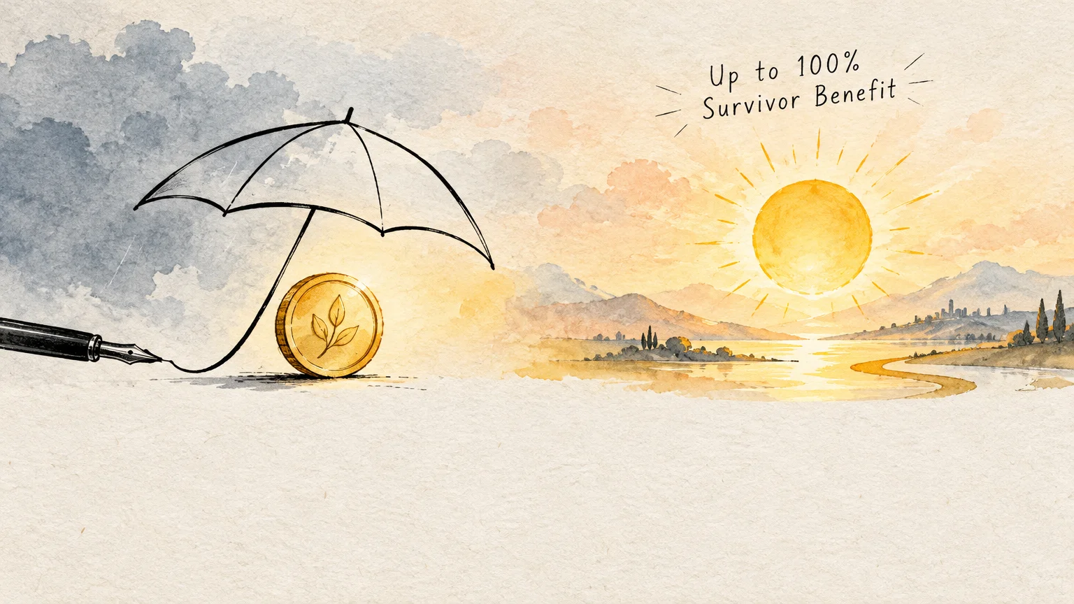 Pen sketching an umbrella sheltering a gold coin under storm clouds, next to a bright sun over water and mountains.