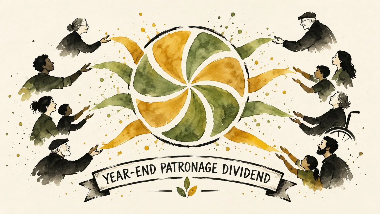 Diverse people reaching toward a yellow and green sunburst above a banner reading YEAR-END PATRONAGE DIVIDEND.