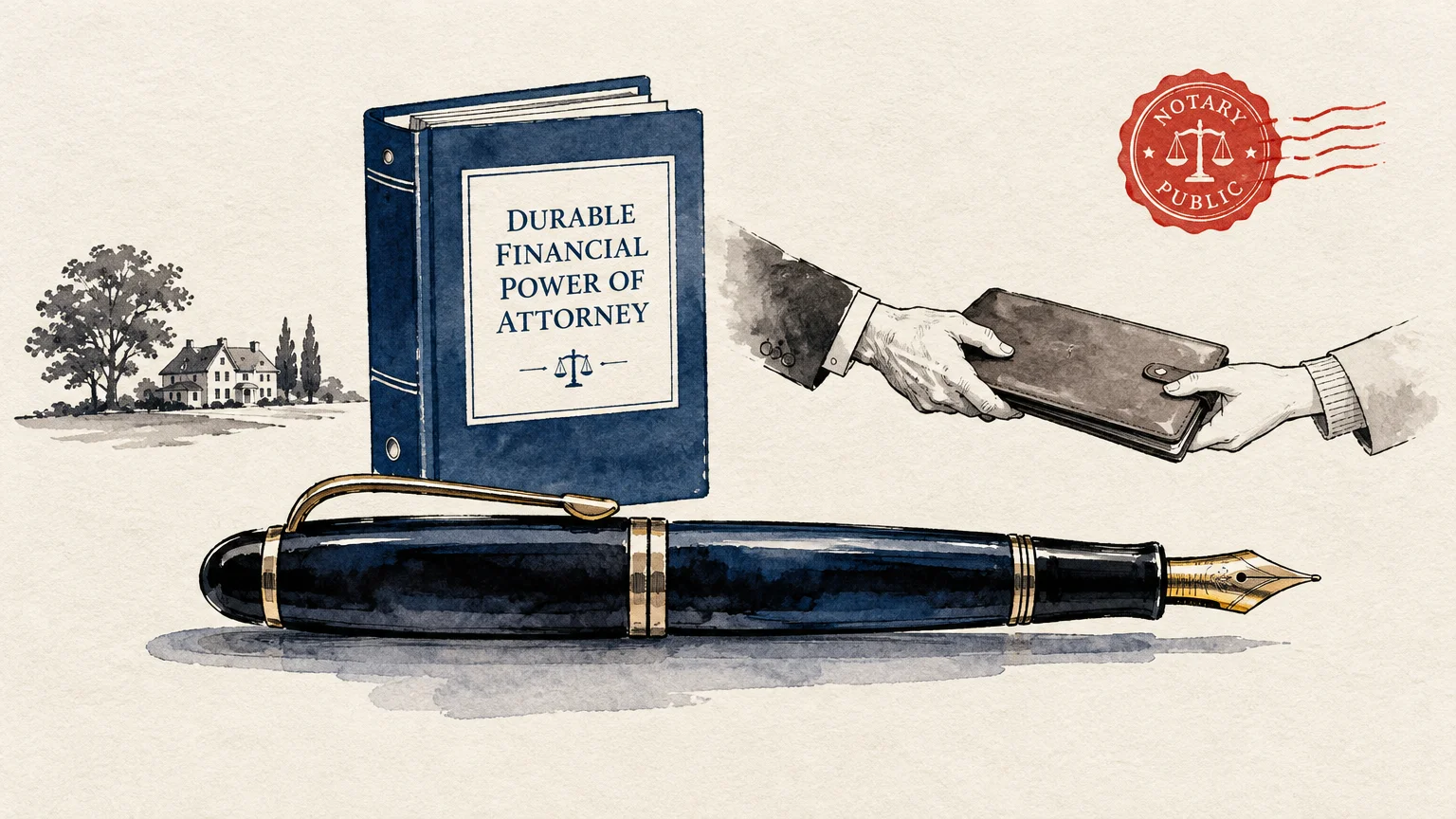 Illustration of a durable financial power of attorney binder, fountain pen, notary stamp, and hands passing a document wallet.