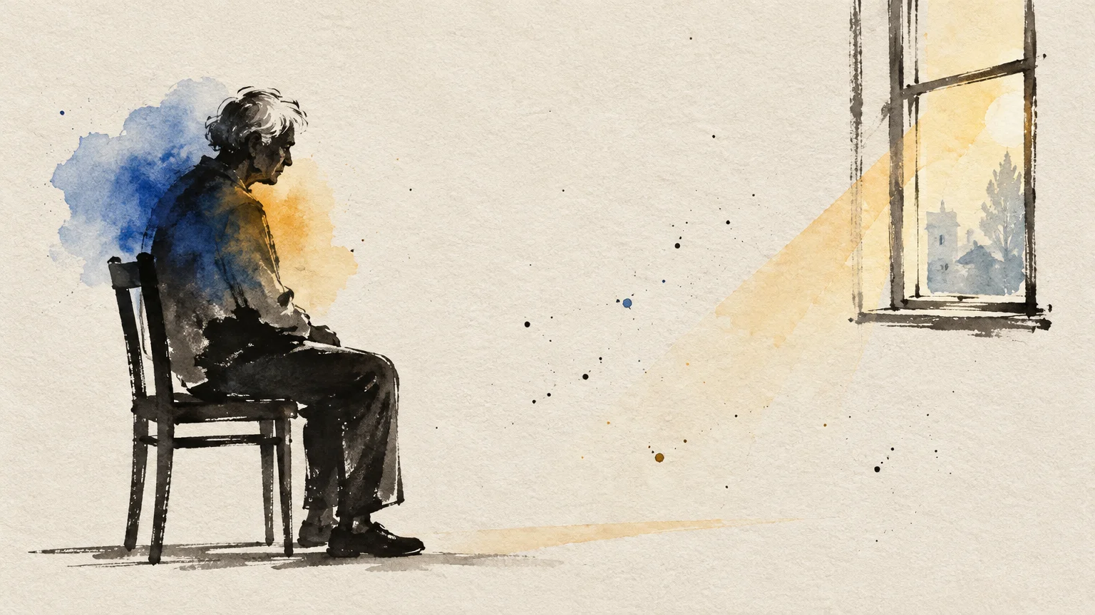 Watercolor illustration of an older person sitting quietly on a chair near a sunlit window.