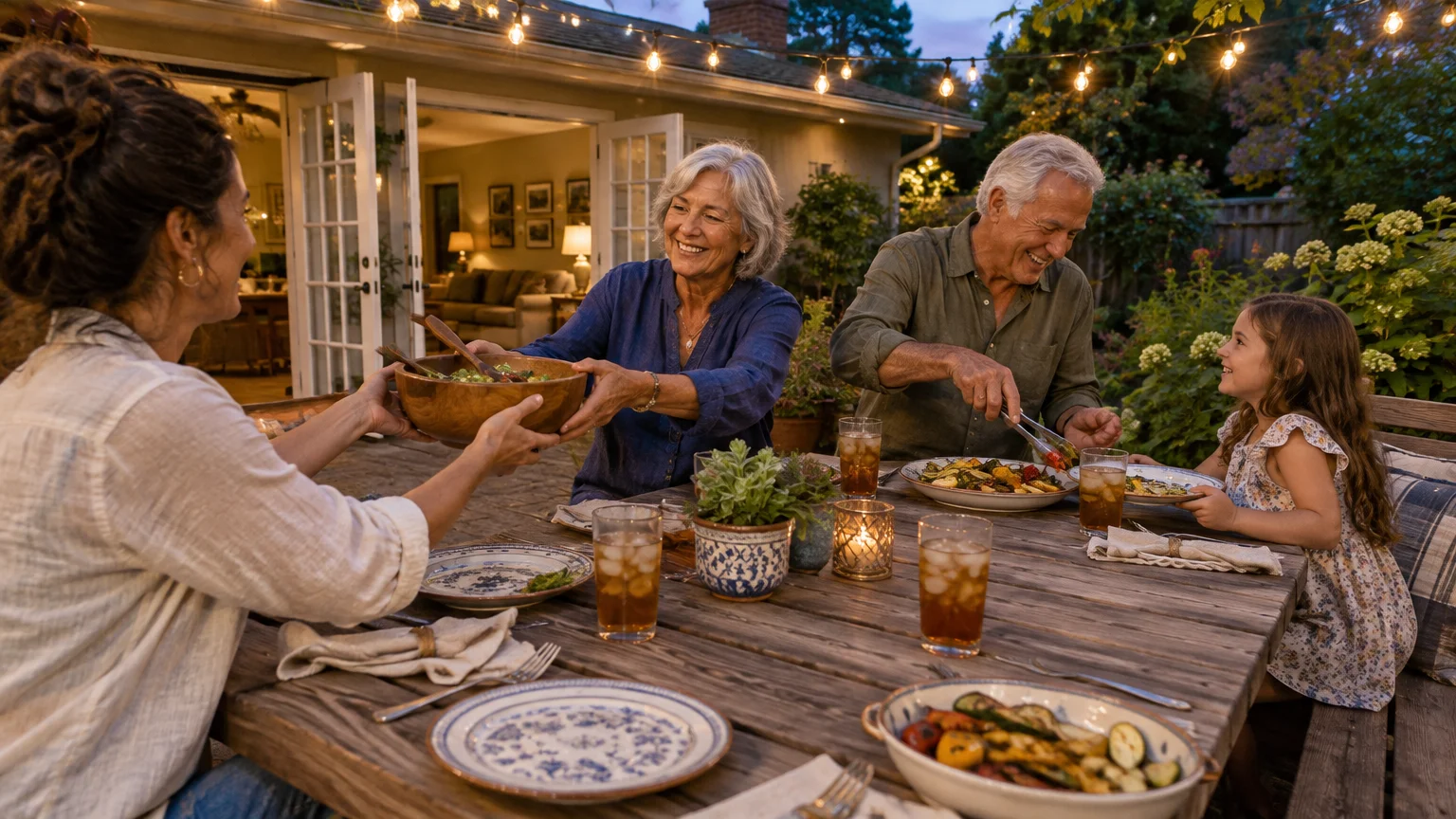 Multigenerational family enjoying an evening dinner together outside at a rustic wooden table with string lights.