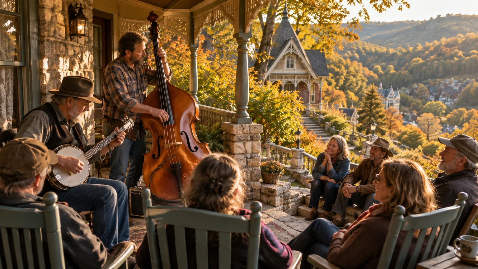 Musicians play a banjo and upright bass on a porch overlooking an autumn hillside as people sit and listen.
