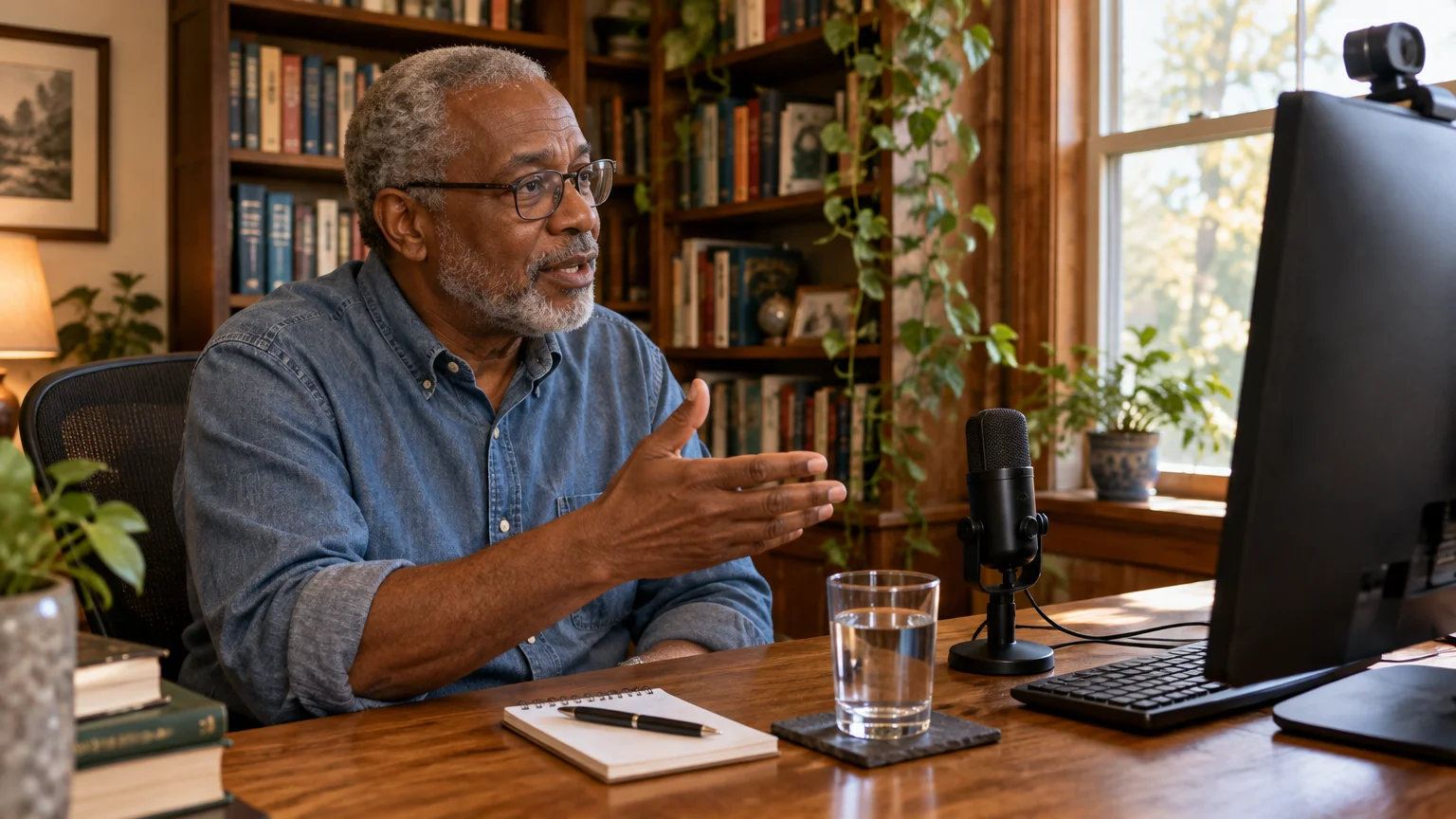 Senior man speaking toward a computer monitor with a desktop microphone in a home office lined with bookshelves.