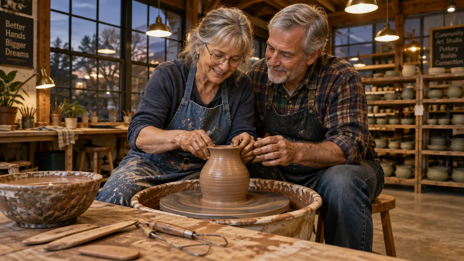 An older couple wearing aprons smile together while shaping a clay pot on a pottery wheel in an art studio.