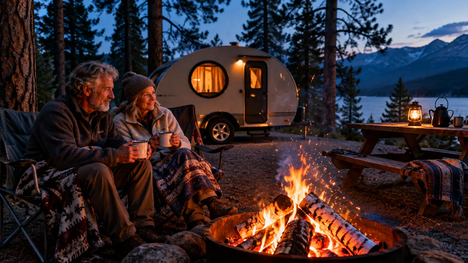 Older couple holding mugs by a roaring campfire beside a teardrop camper trailer near a lake at dusk.