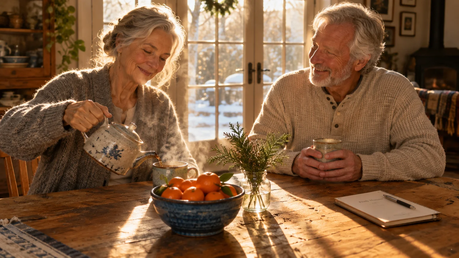 Senior couple sitting at a wooden table near a sunny window; the woman pours hot tea while the man smiles holding a mug.