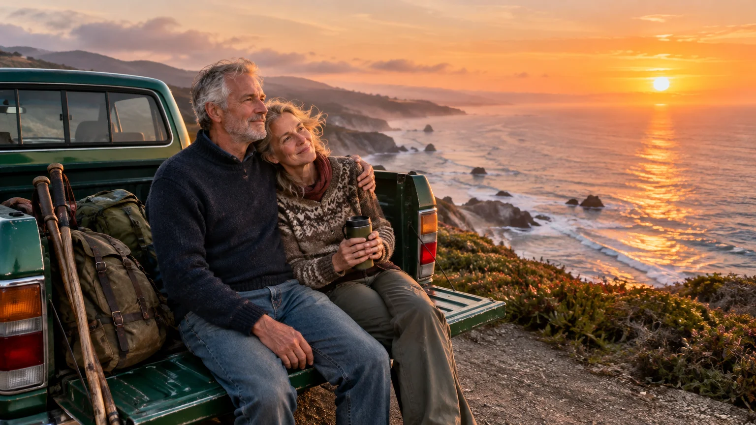 Mature couple sitting on a green pickup truck tailgate overlooking the ocean at sunset.