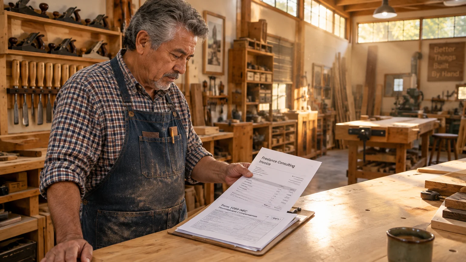 A craftsman in an apron holds a freelance consulting invoice and tax forms over a workbench in a woodshop.