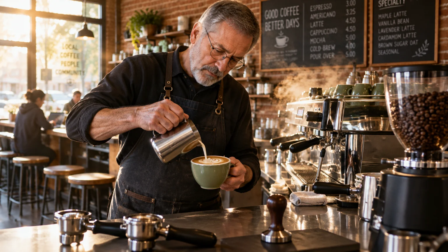 A senior male barista with glasses and an apron carefully pours steamed milk to create latte art in a coffee shop.