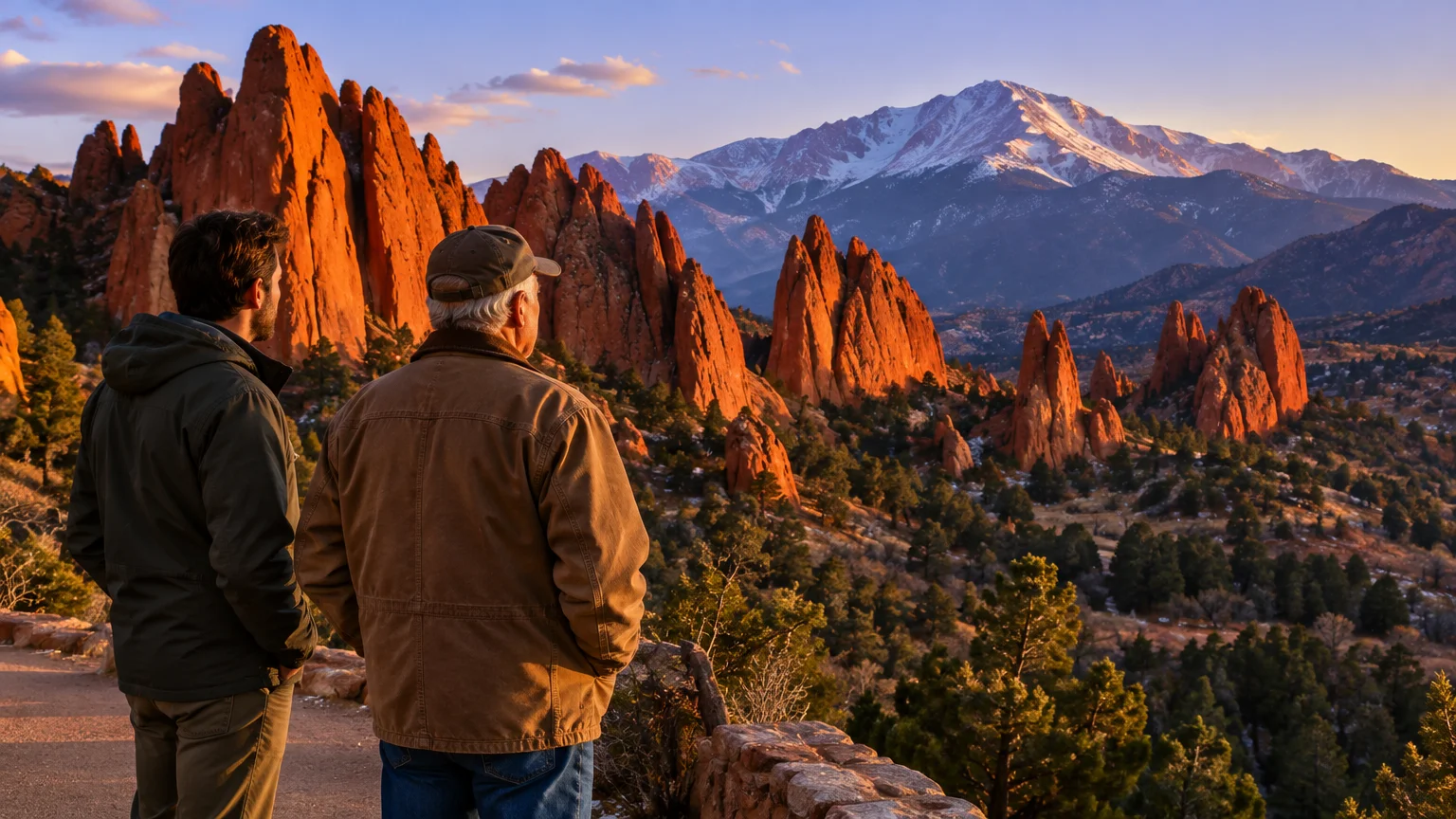 Two men viewed from behind look out at red rock formations and a snow-capped mountain peak during sunset.