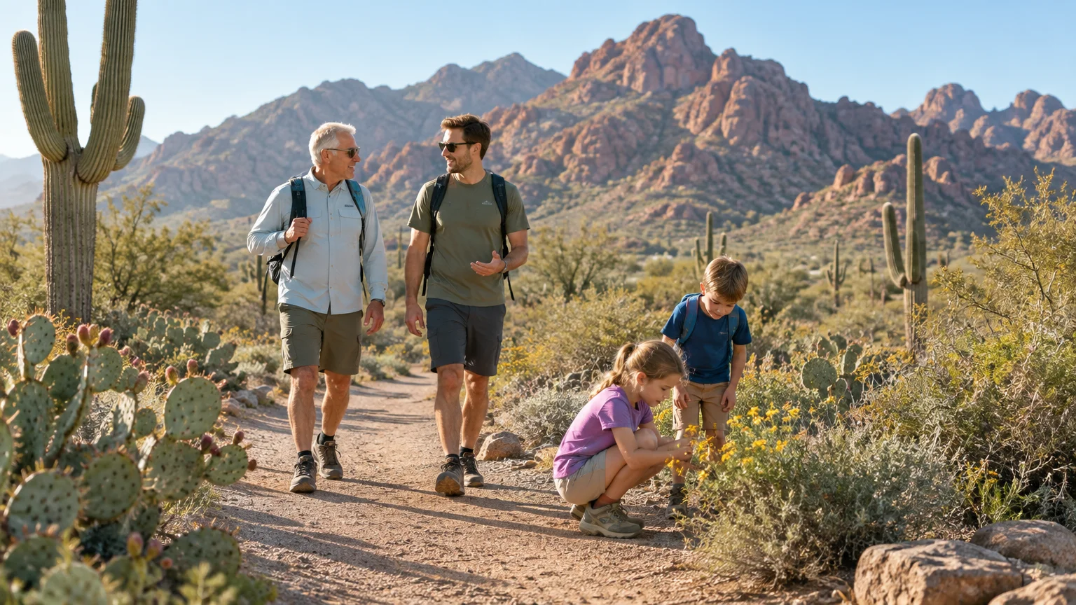 A multigenerational family hikes a desert trail lined with cacti and wildflowers near rocky mountains on a sunny day.