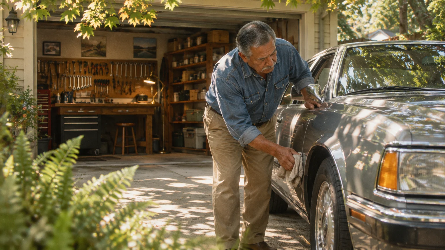 Senior man polishing the side of a silver car parked on a driveway outside an open garage workshop.