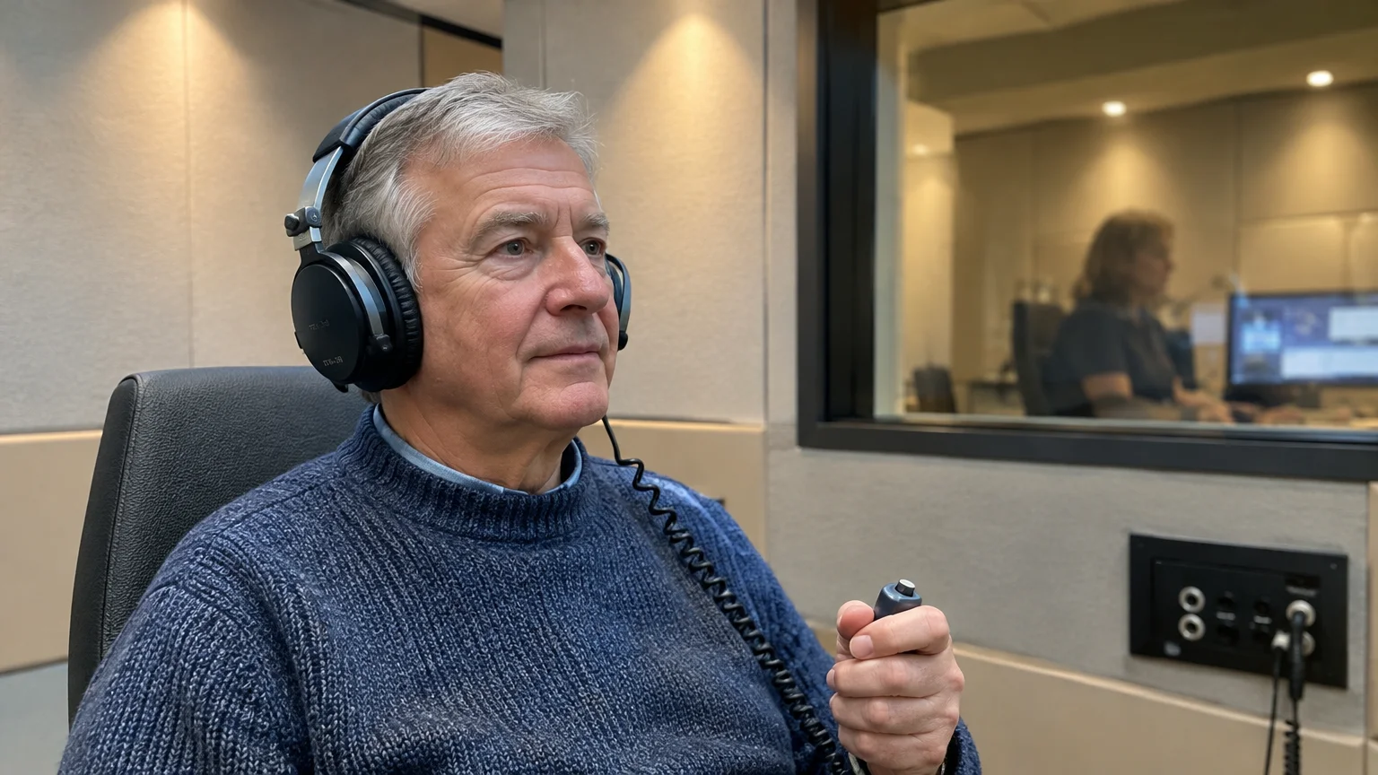 Senior man wearing headphones holds a response button during a hearing screening inside a soundproof booth.