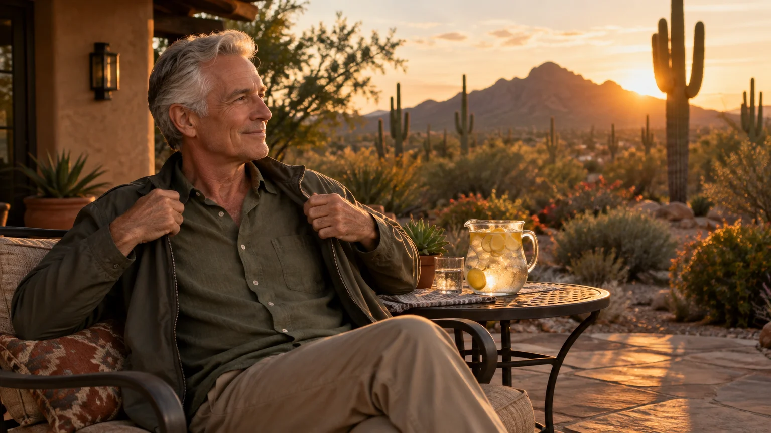 A smiling older man sits on a stone patio at sunset with lemon water, facing desert cacti and distant mountains.