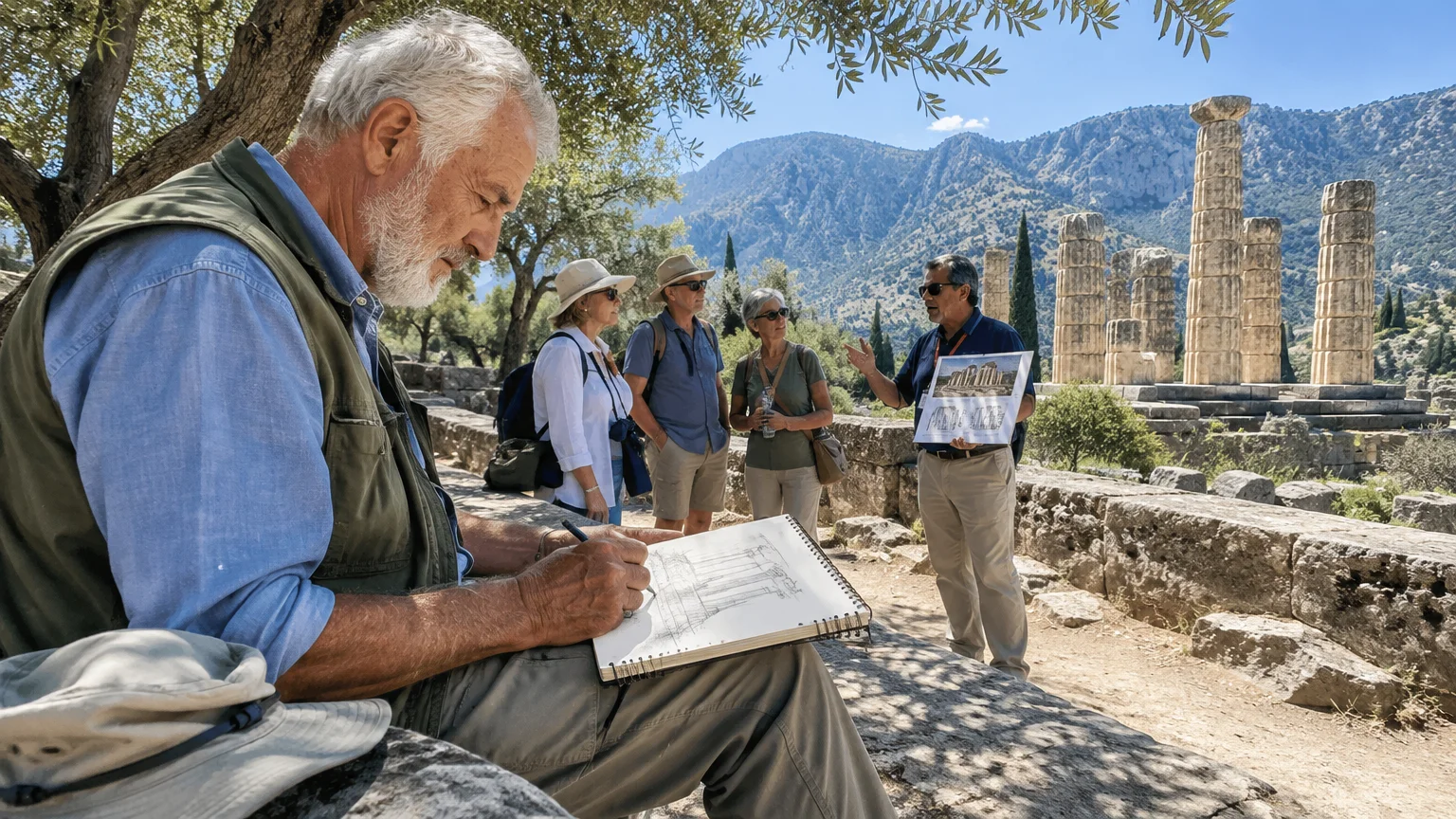 An older man sketches ancient stone ruins in a notepad while a tour guide speaks to a small group nearby.