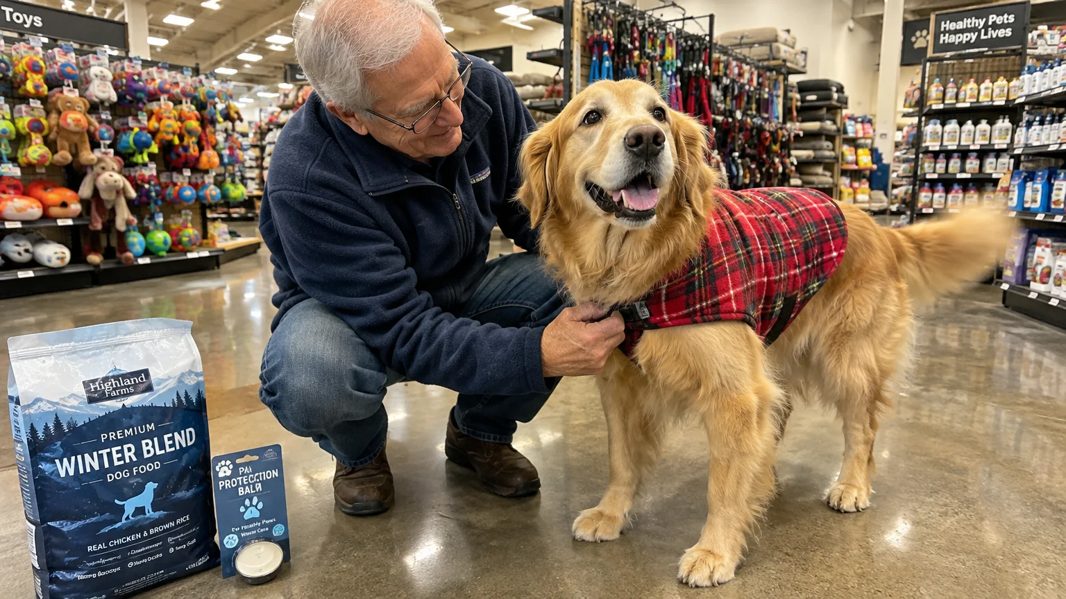 An older man kneels beside a golden retriever wearing a plaid coat in a pet store aisle next to dog supplies.