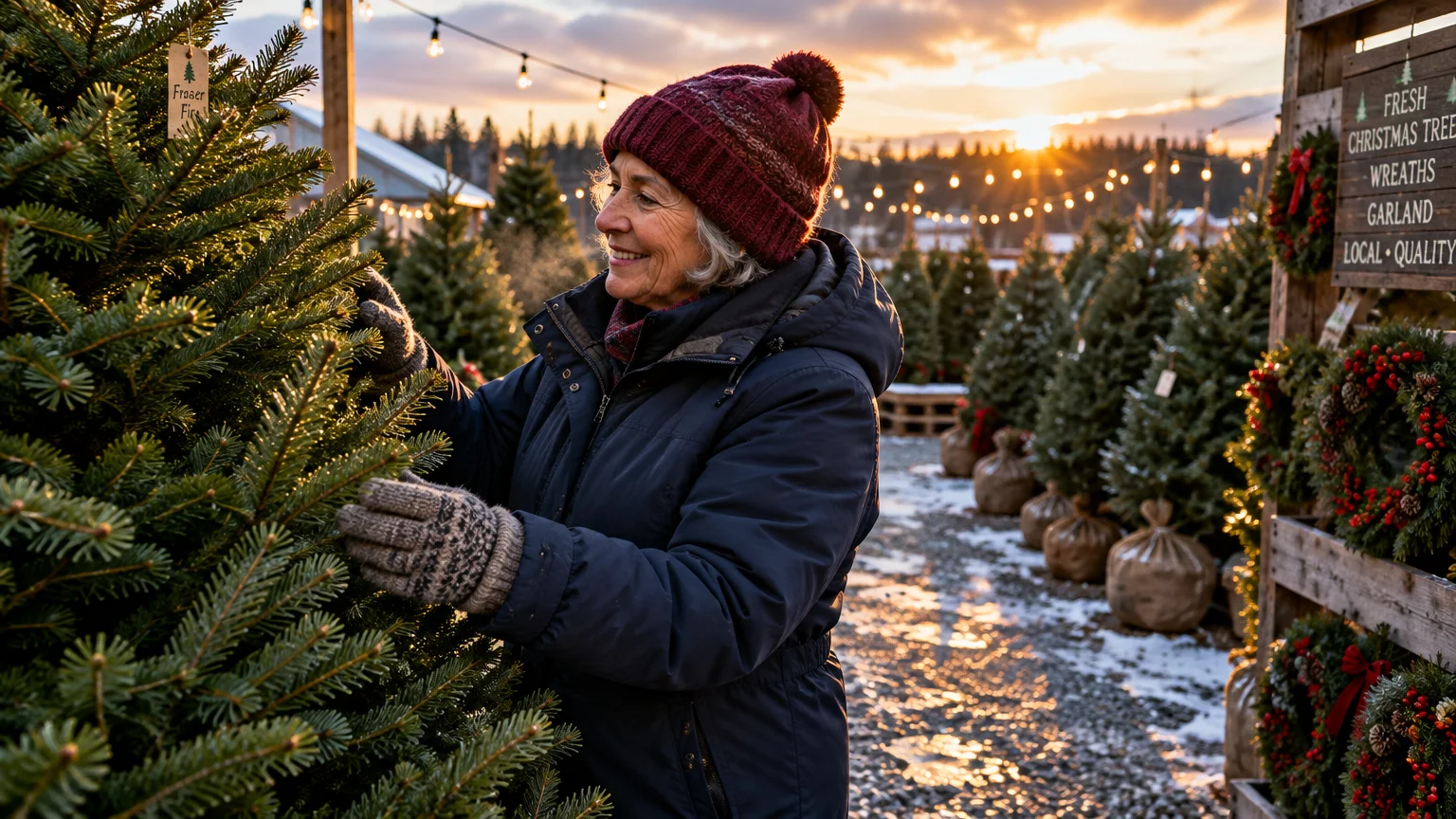 Smiling older woman wearing a winter coat and knit hat inspecting a fir tree at an outdoor Christmas tree lot at sunset.