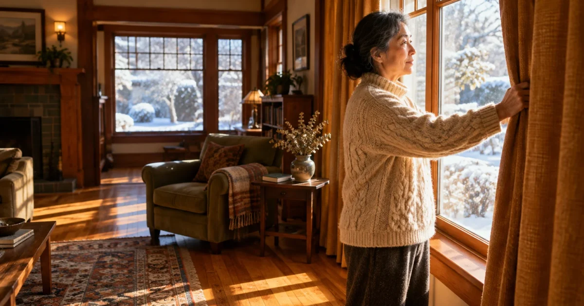 A woman in a warm knit sweater opens curtains in a sunlit living room looking out at snowy trees.